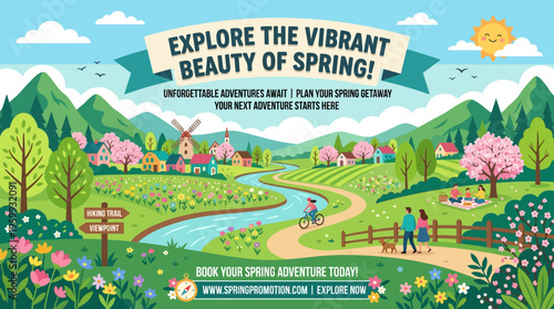Spring Landscape Banner with Scenic Village and Outdoor Recreation