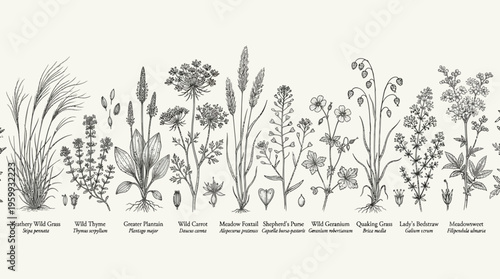 Botanical illustration of various wildflowers and plants.