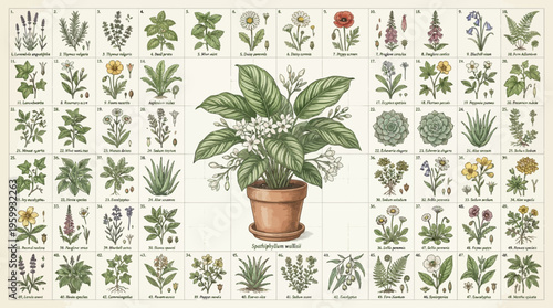 A potted plant surrounded by various botanical illustrations.
