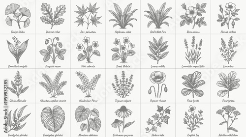 A collection of various plant species and botanical illustrations.