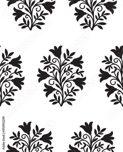 A seamless pattern featuring elegant black floral botanical motifs isolated on a white background