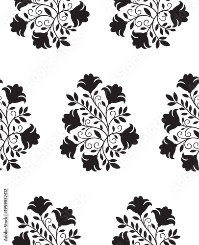 Elegant black and white floral pattern featuring stylized blooming flowers and delicate leaf stems