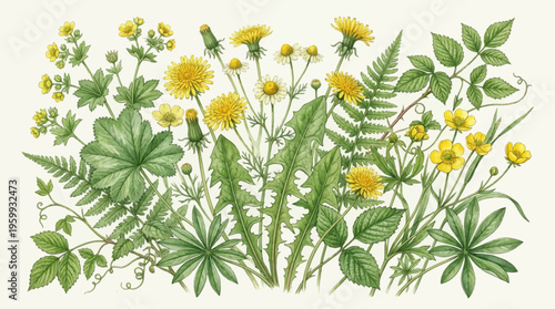 a bunch of yellow dandelion flowers and green leaves.