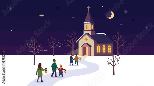 People Walking to Church on a Winter Night