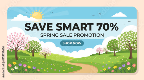 Spring Sale Banner with 70% Discount and Scenic Landscape