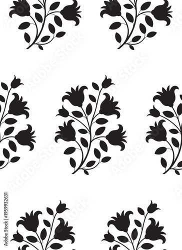 A seamless pattern featuring elegant black floral silhouettes on a crisp white background surface