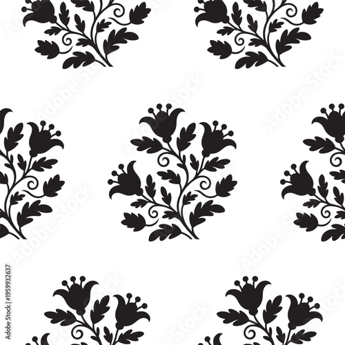 Black and white floral seamless pattern with repeating stylized botanical plant elements design
