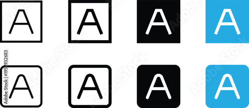 Set of letter a icons in square frames with sharp and rounded corners