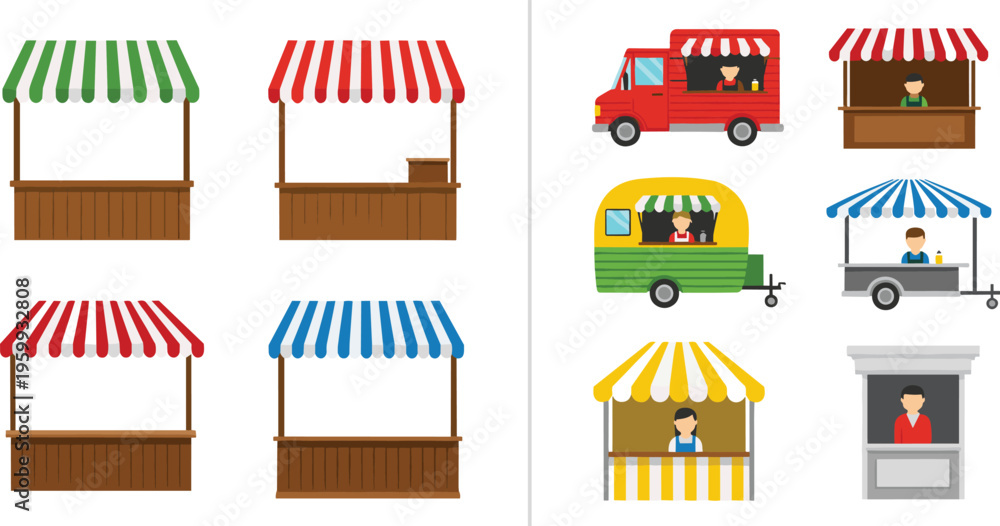 Obraz premium Set of Market Stall and Food Truck Illustrations Street Vendor Booth Kiosk Cart Collection with Sellers Isolated on White Background Vector Design