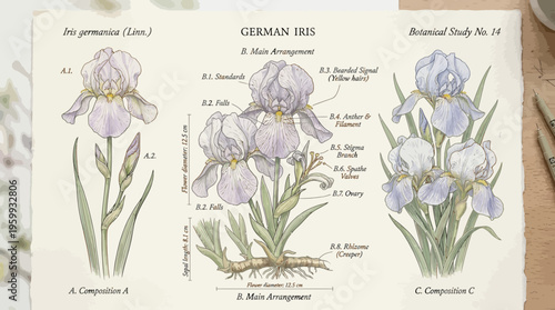 Botanical study of German Iris flowers.