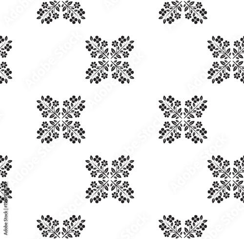 A minimalist seamless pattern featuring symmetrical black floral motifs on a clean white background