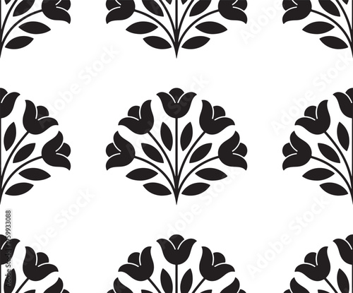 A repeating seamless pattern featuring a symmetrical black floral motif on a clean white background