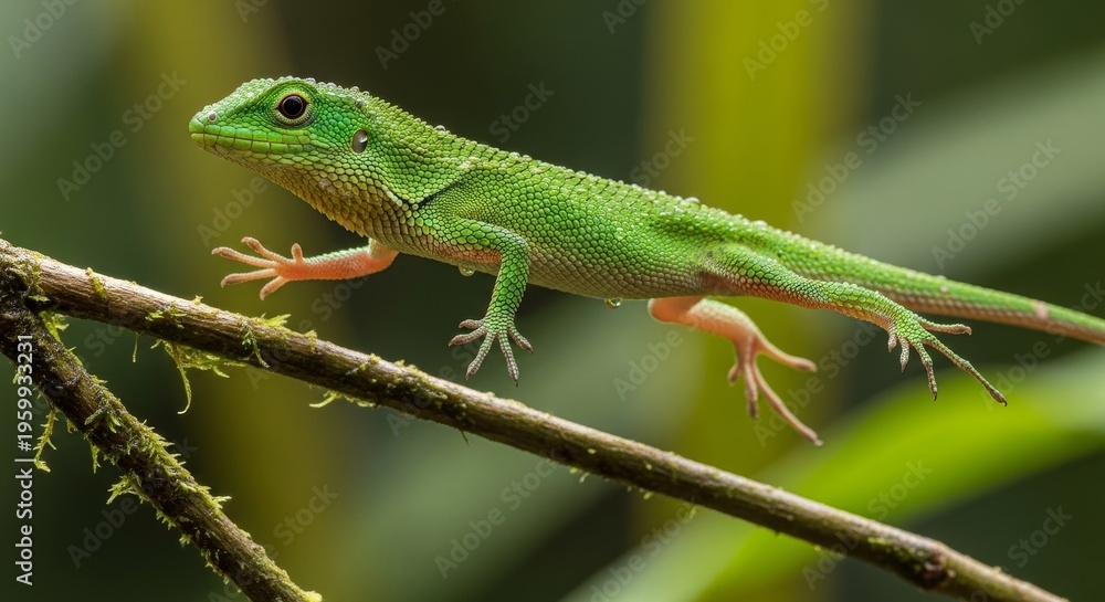 Fototapeta premium Green lizard on a branch outdoors.