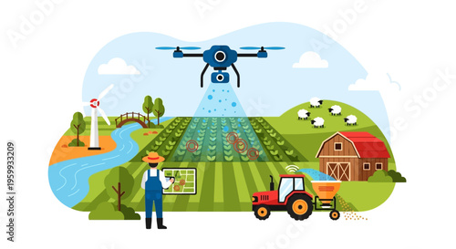 Smart Farming Technology Illustration: Drone Monitoring Crops, Farmer with Tablet, Tractor in Precision Agriculture Landscape