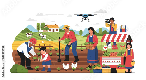 Sustainable Farming and Community Life Illustration: Modern Agriculture with Drone Technology, Fresh Produce, and Local Market