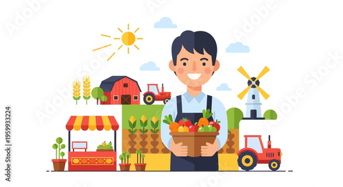 Happy Farmer with Fresh Harvest Basket, Organic Produce, and Idyllic Rural Farm Landscape - Flat Vector Illustration