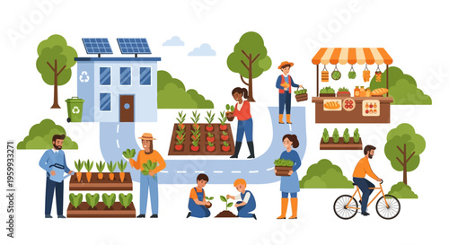 Vibrant Urban Farming Community: Sustainable Green Living with Community Gardens, Local Produce Market & Eco-Friendly Lifestyle