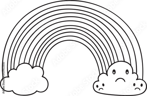 A sad cloud character peers from behind a vibrant rainbow on a sunny day
