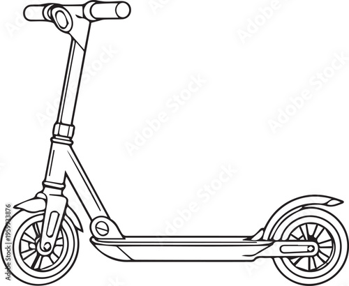 Black and white kick scooter line art icon isolated on white background