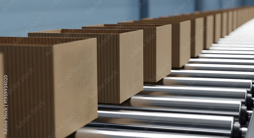 Fototapeta premium Efficient Logistics and Automated Production Line Featuring Cardboard Boxes on a Roller Conveyor System