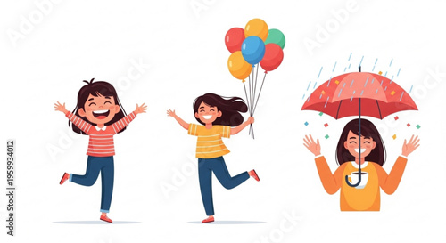 Three cartoon girls expressing joy and playfulness on a sunny and rainy day with balloons and umbrella