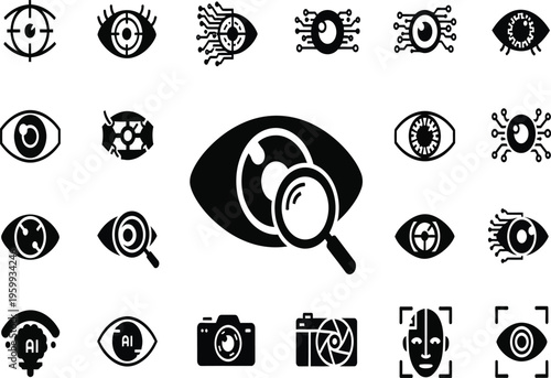 Professional vector icon set for magnifying glass and eye examination tools