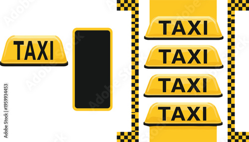 Canvas-taulu Taxi Service Icon Set with Yellow Cab Signs, Mobile App Interface, Checkered Pat