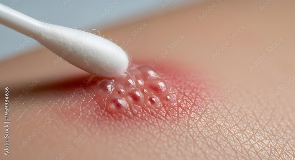 Fototapeta premium Medical photo showing a skin rash with multiple small pustules and redness. A cotton applicator is used to apply ointment or collect a sample from the symptomatic area for diagnosis