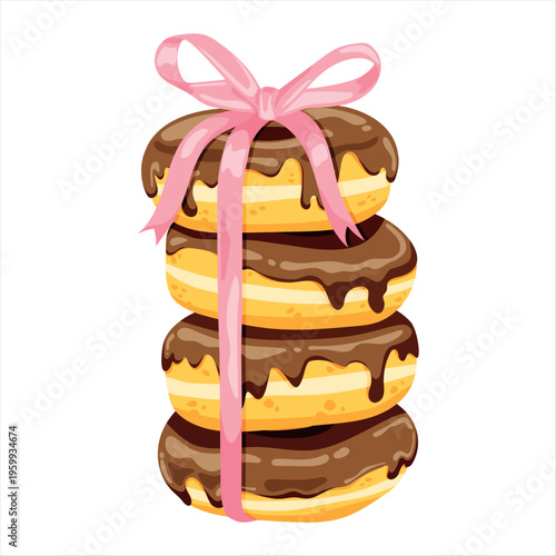Stack of four chokolate donuts wrapped with pink satin ribbon bow in flat style, isolated on white