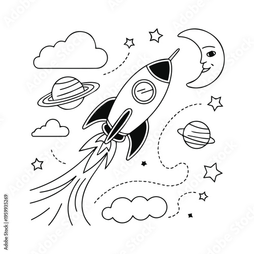 Rocket schematic with labeled parts and trajectory