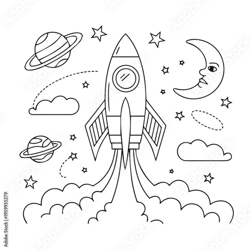 Rocket launching with moon and planets