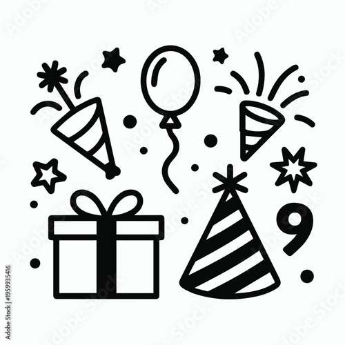 Balloon and number nine birthday icons for kids party