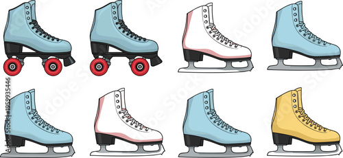 Ice Skates and Roller Skates Icon Set Featuring Colorful Footwear Designs for Winter Sports, Skating Activities, Recreation, Equipment, and Athletic Apparel Graphics