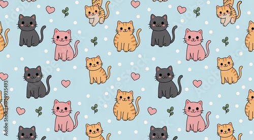 A seamless pattern of cute cartoon cats in pink gray and orange with hearts and leaves on a light blue polka dot background