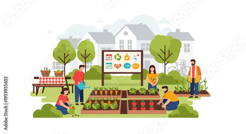 Community Garden Project: Urban Farming & Sustainable Living. People Volunteer, Grow Fresh Organic Vegetables in Raised Beds. Teamwork & Eco-Friendly Concept