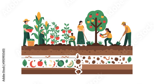 Sustainable Farming & Composting Cycle Illustration. Gardeners Harvesting Organic Crops, Cultivating Vegetables, and Enhancing Healthy Soil Ecosystem.