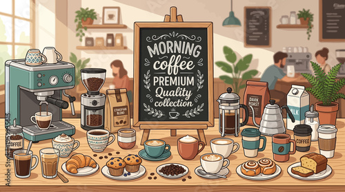 A coffee shop interior with various breakfast items on a table.