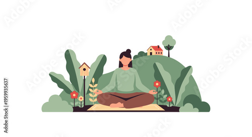 Mindful Woman Meditating in Serene Nature Setting. Flat Illustration for Yoga, Wellness, and Inner Peace.