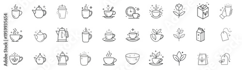 Tea and beverage outline icon set featuring ceramic teapot, steaming cup, tea bag label, organic leaf, milk carton, kitchen kettle, and more vector illustration on editable stroke