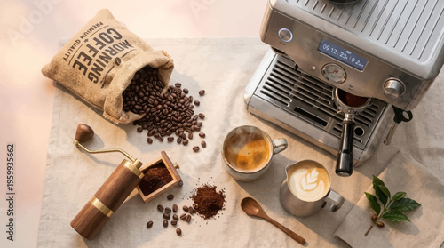 Coffee beans and espresso machine setup.