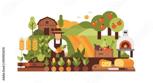 Sustainable Farm Life Illustration: Farmer Harvesting Fresh Produce, Surrounded by Fields, Apple Trees, Barn, and Artisan Oven, Emphasizing Local Food