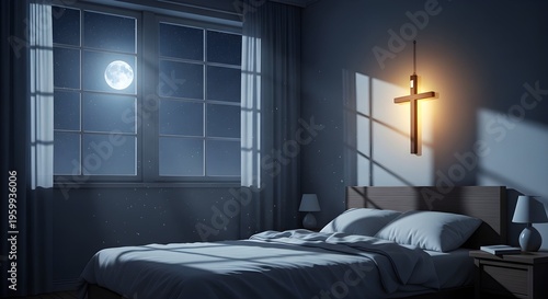 Bedroom illuminated by moonlight with wooden cross above bed and peaceful shadows vector illustration for faith and reflection themes
