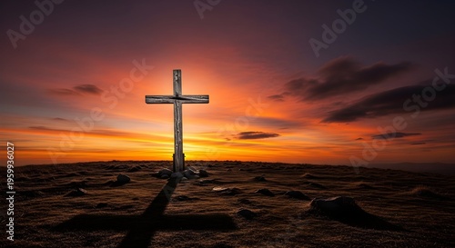 Wooden cross on rocky landscape at sunset with dramatic sky vector illustration for faith and spirituality themes