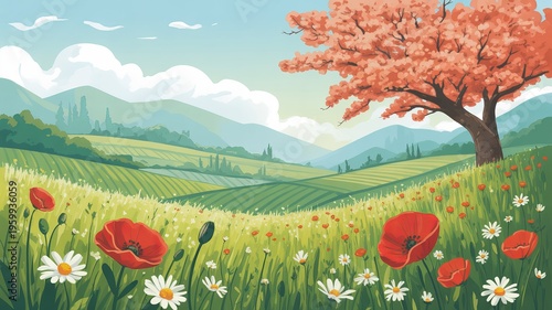 A vibrant digital illustration of a rolling green landscape with blooming poppies and daisies under a tree with coral foliage