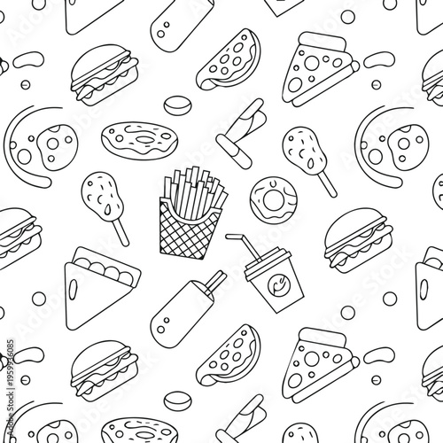 Fast food pattern with tacos hot dogs and soda cups