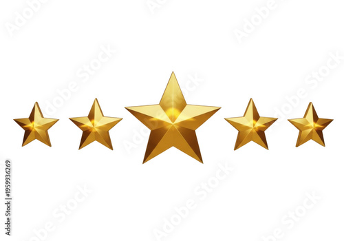 Golden stars arranged in a horizontal line for a rating or ranking display isolated on transparent background