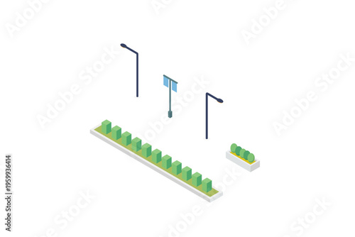 Isometric Streetlights And Hedge Row