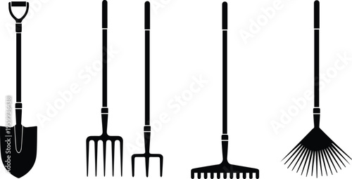 Shovel pitchfork spade silhouettes for garden tools