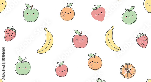 Seamless pattern of cute cartoon fruit apples, strawberries, bananas, oranges on white