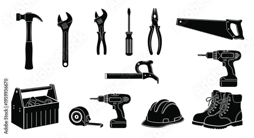 Collection of construction tools and safety gear in a dark silhouette